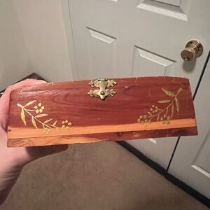 Antique Wooden Jewelry Box with Gold Floral Design